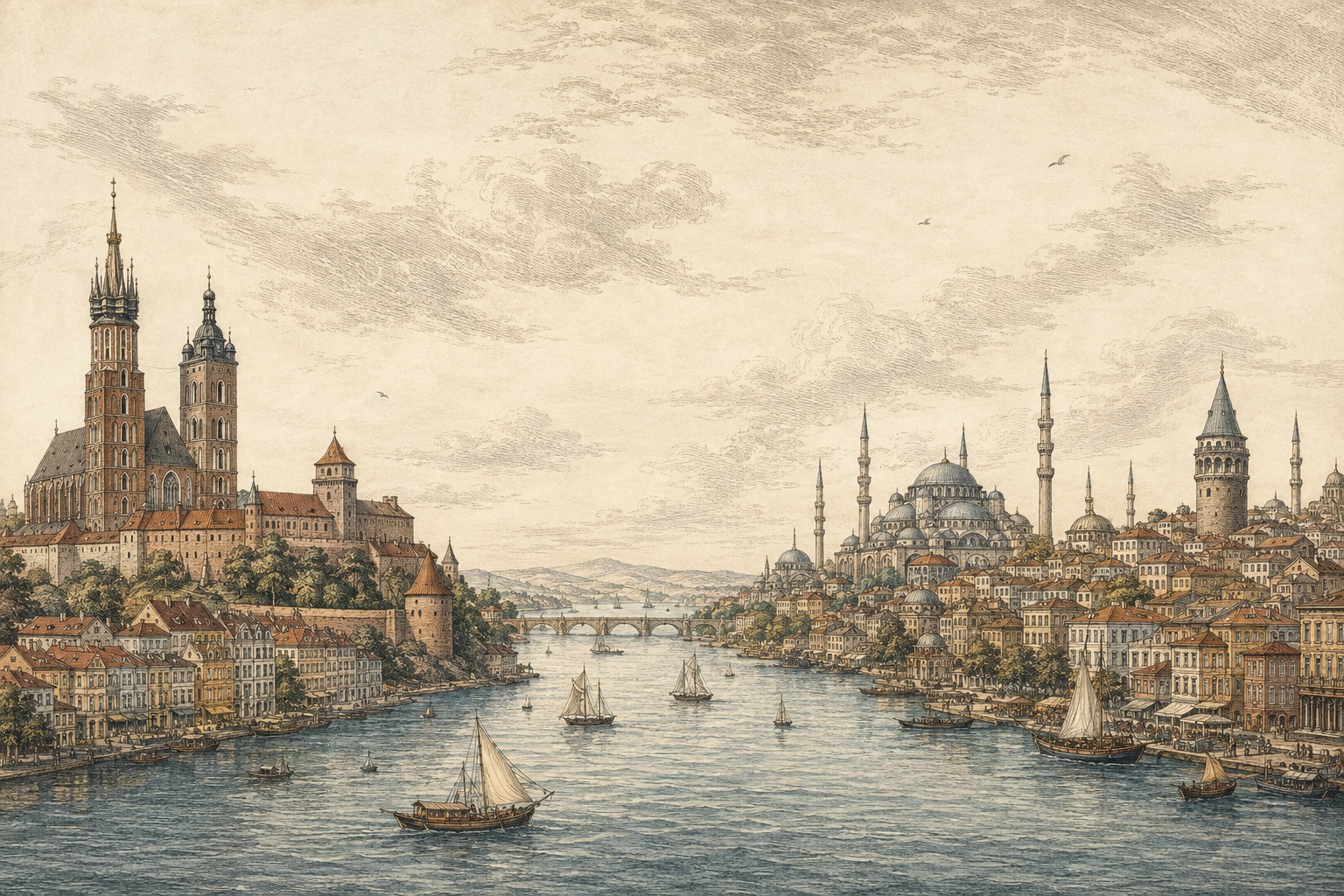 An original engraving-style illustration imagining Kraków and Istanbul on opposite banks of a shared river